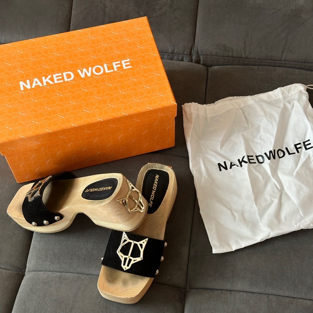 NAKED WOLFE y2k black suede wooden clog mule sandals size 37 US 6.5